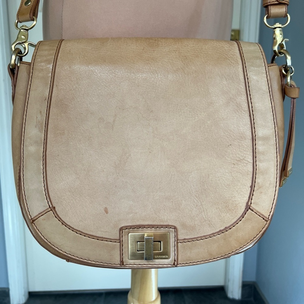 Brahmin Sonny‎ Tan Leather Fold Over Flap Crossbody Shoulder Saddle Bag